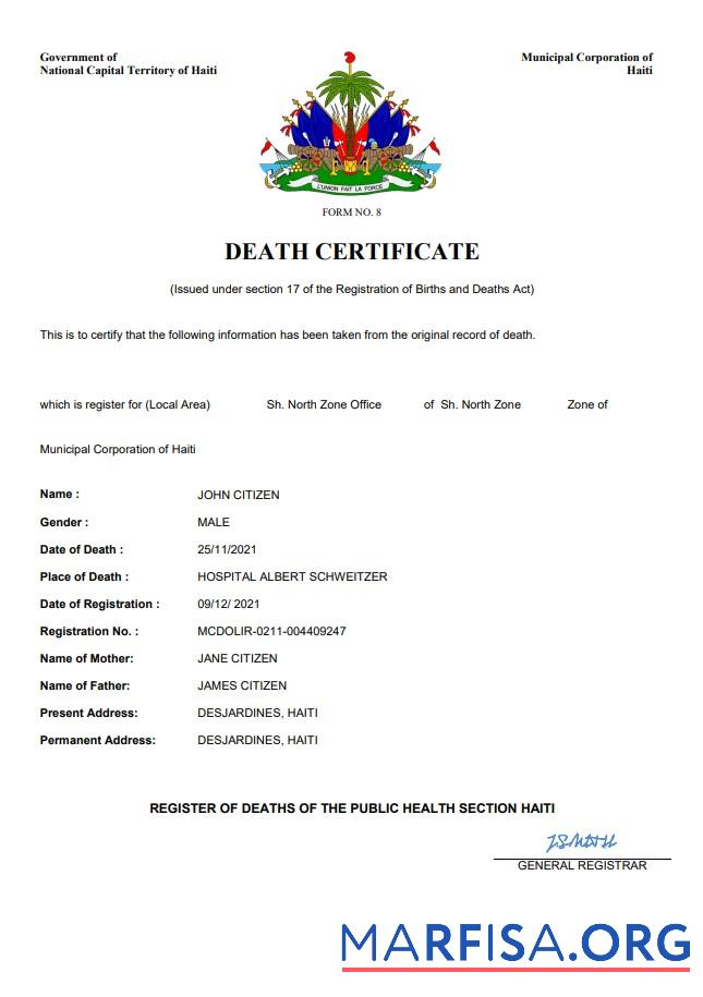 Realistic Haiti death certificate Word and PDF template